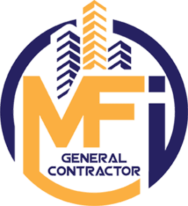 Logo of MFi General Contractor featuring stylized yellow and blue letters with building silhouettes in the background.