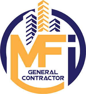 Logo of MFi General Contractor featuring stylized yellow and blue letters with building silhouettes in the background.